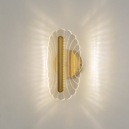 Decorative wall light in gold metal finish with textured glass diffuser for bedroom or living decor lighting placement white background.