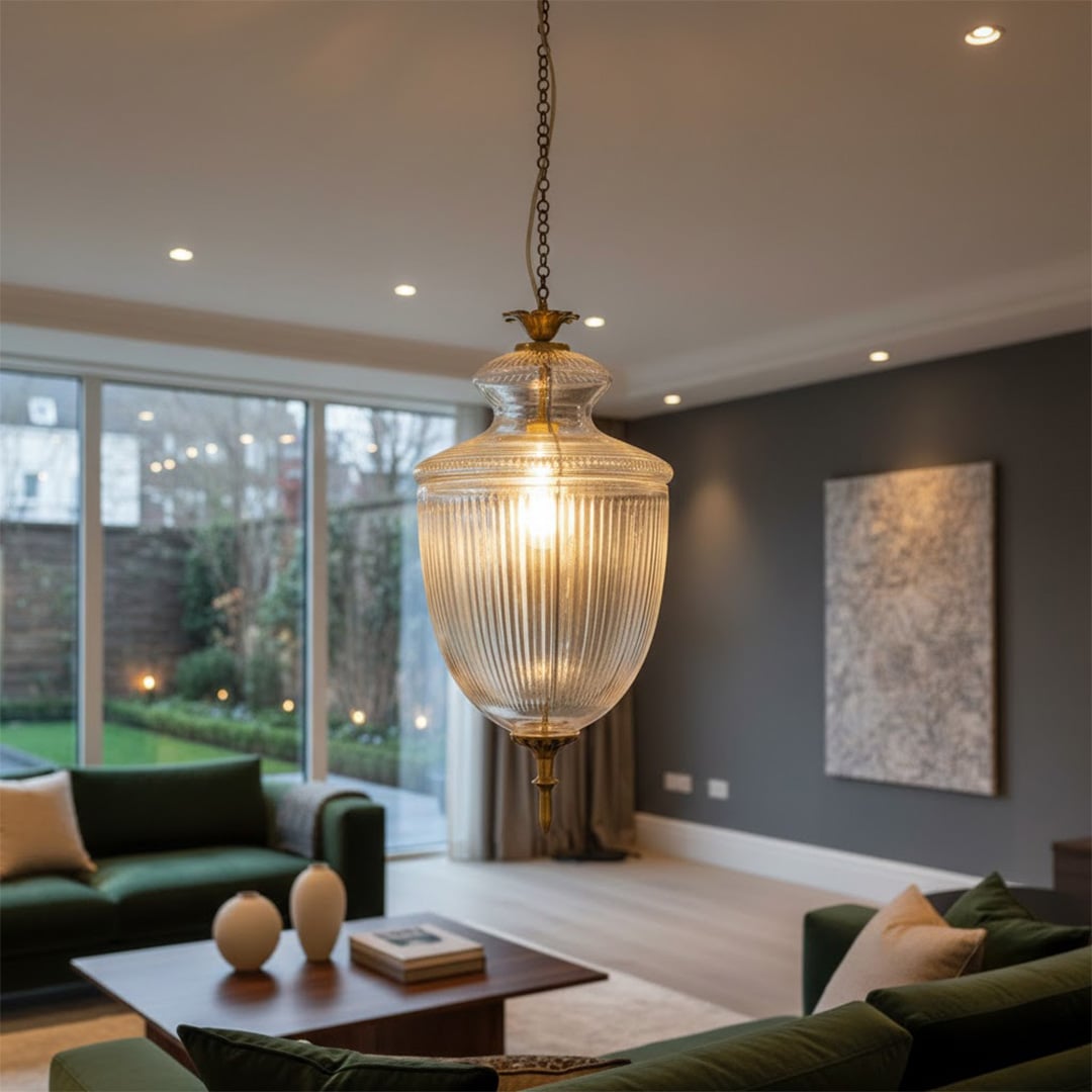 Antique brass and textured glass lantern pendant light creating sophisticated ambience in modern spaces.
