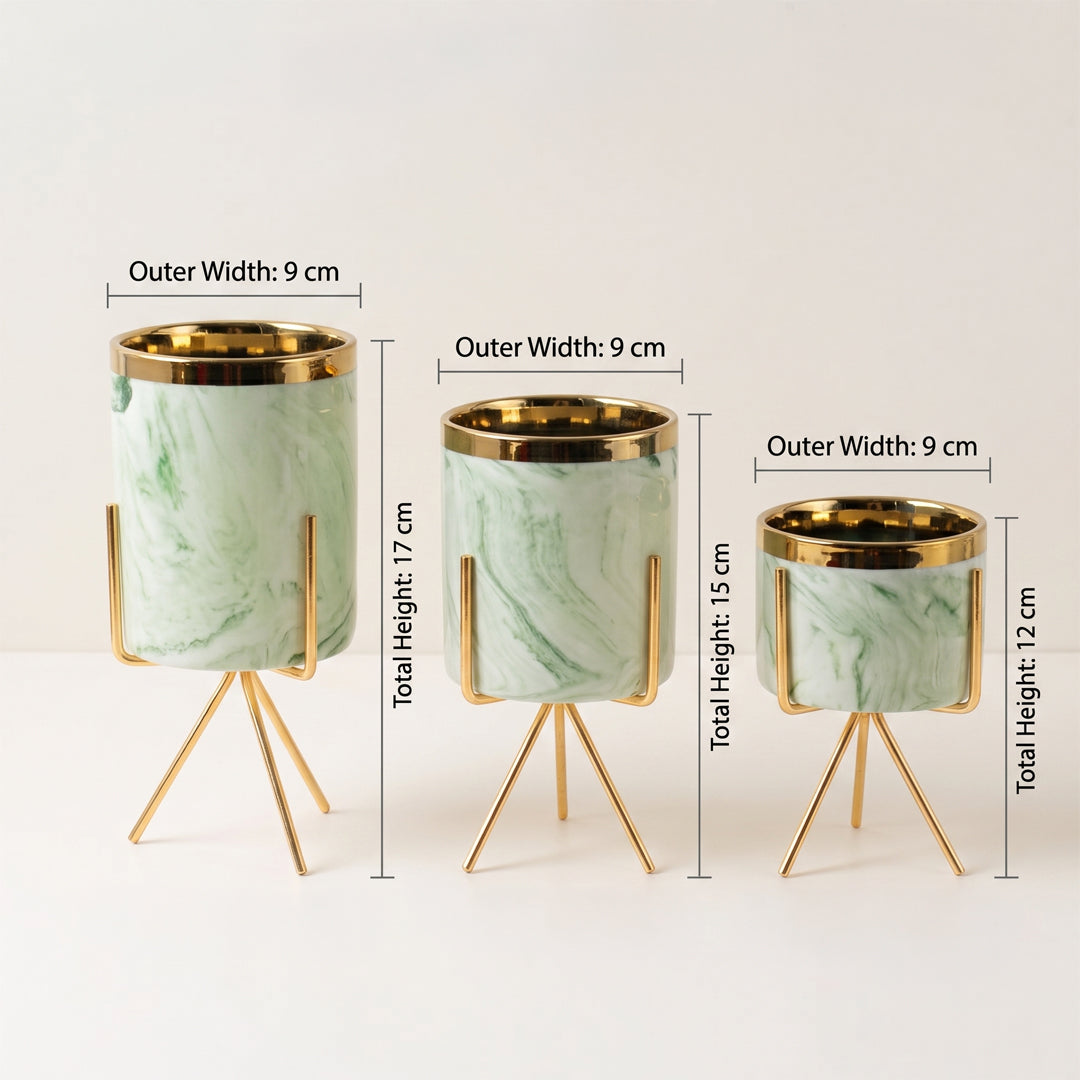 Mini marble planter on gold tripod stand showing dimensions 8 cm width and 5.5 cm height  displayed on a clean white marble background.