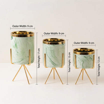 Mini marble planter on gold tripod stand showing dimensions 8 cm width and 5.5 cm height  displayed on a clean white marble background.
