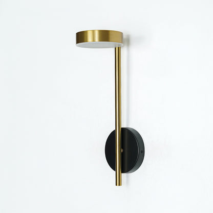 Gold metal wall light with vertical rod and circular top design ideal for modern bedroom or hallway wall decor on clean background.