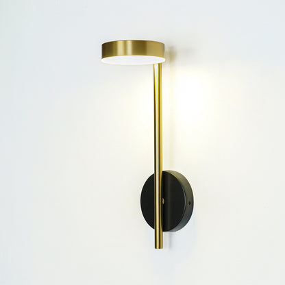 Gold metal wall light with vertical rod design and round mount perfect for modern interior wall decor on clean background.