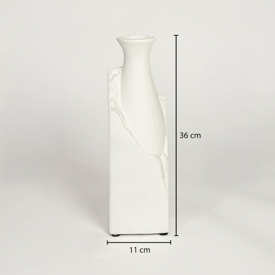 White ceramic vase dimension image showing height and width proportions tall modern decorative vase for home decor.