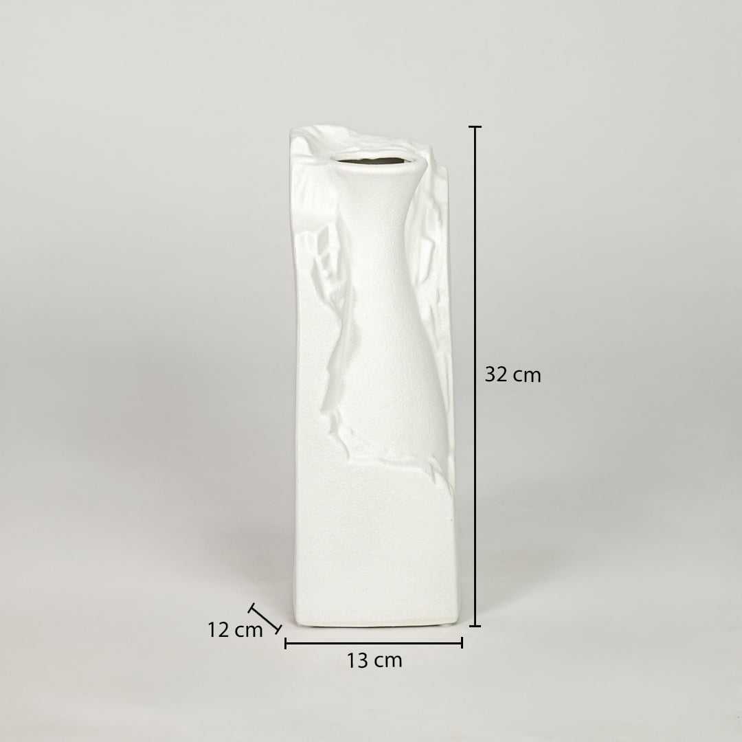 White ceramic flower vase size 32 cm height 11 cm width 9 cm depth decorative vase for table console styling.