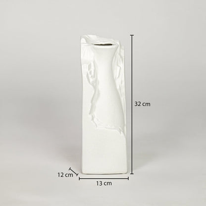 White ceramic flower vase size 32 cm height 11 cm width 9 cm depth decorative vase for table console styling.