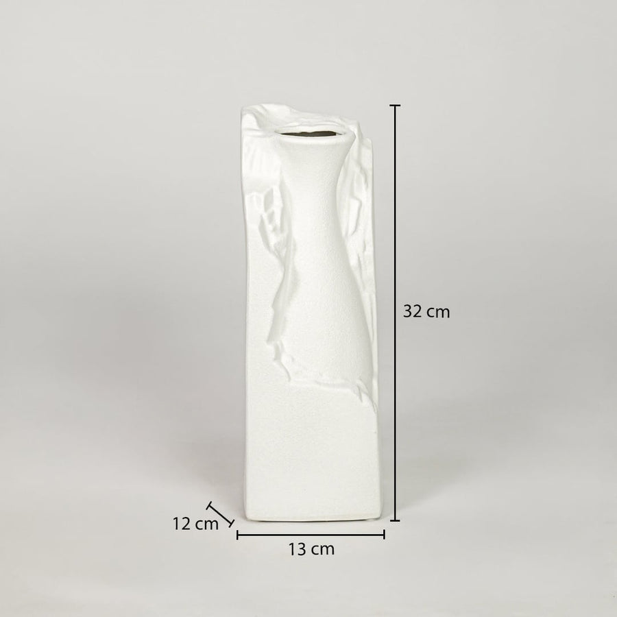 White ceramic flower vase size 32 cm height 11 cm width 9 cm depth decorative vase for table console styling.