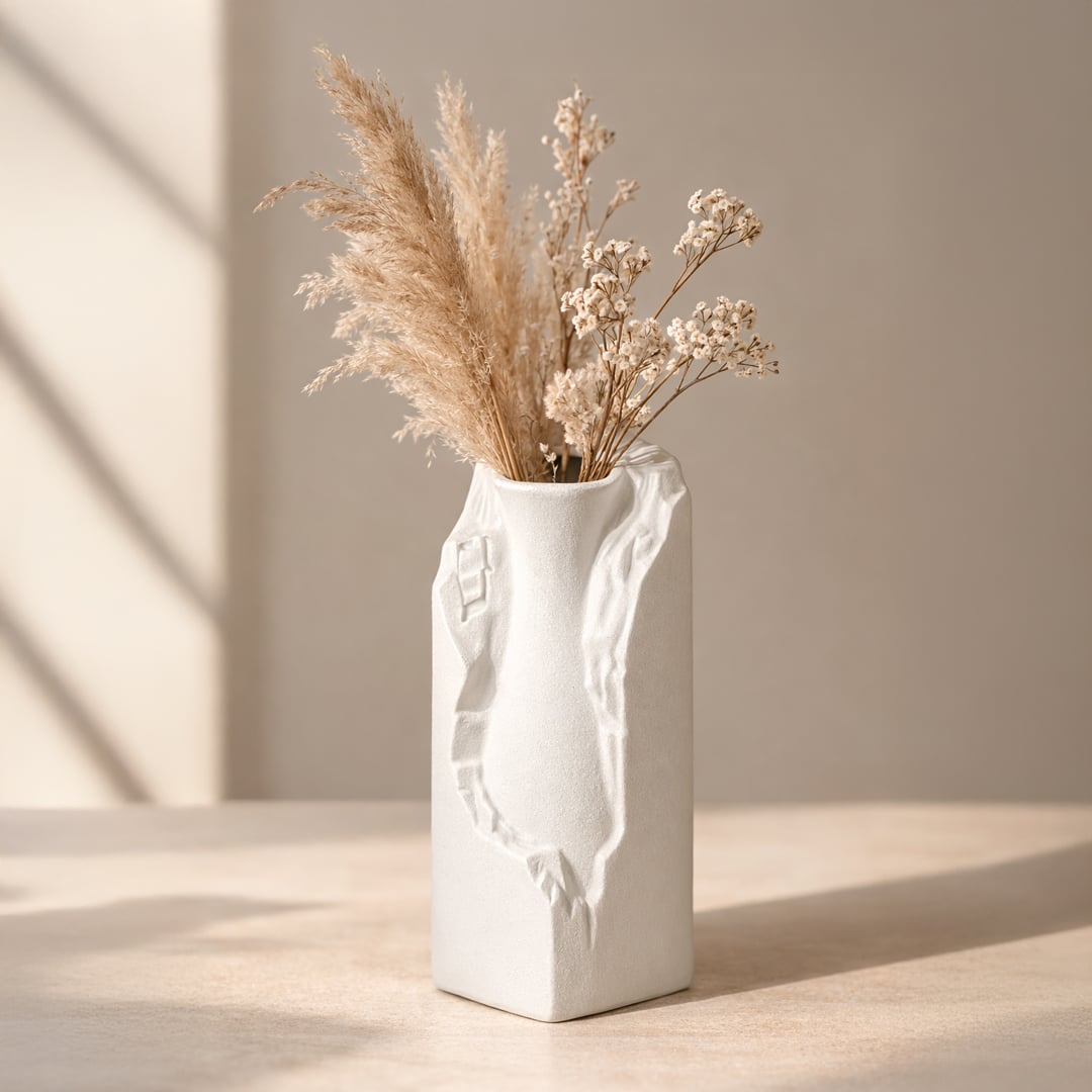 White ceramic flower vase with dried flowers modern decorative vase for living room console table home decor styling.