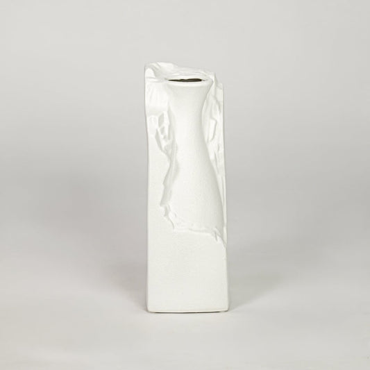 White ceramic flower vase with textured finish modern decorative vase for tabletop shelf console decor styling.