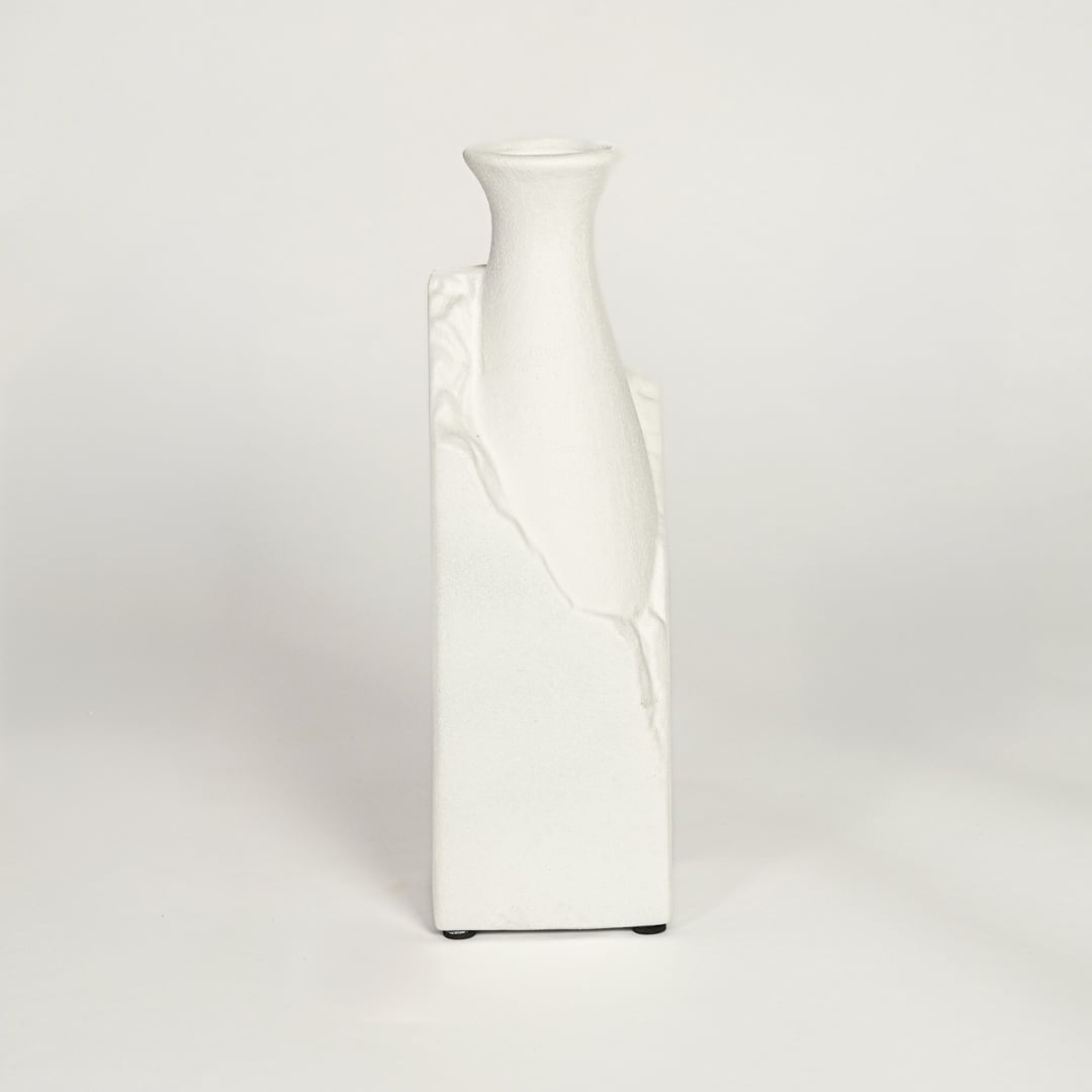 Minimal white ceramic decorative vase on white background tall modern accent piece suitable for console table shelf or floor styling.