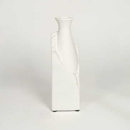 Minimal white ceramic decorative vase on white background tall modern accent piece suitable for console table shelf or floor styling.