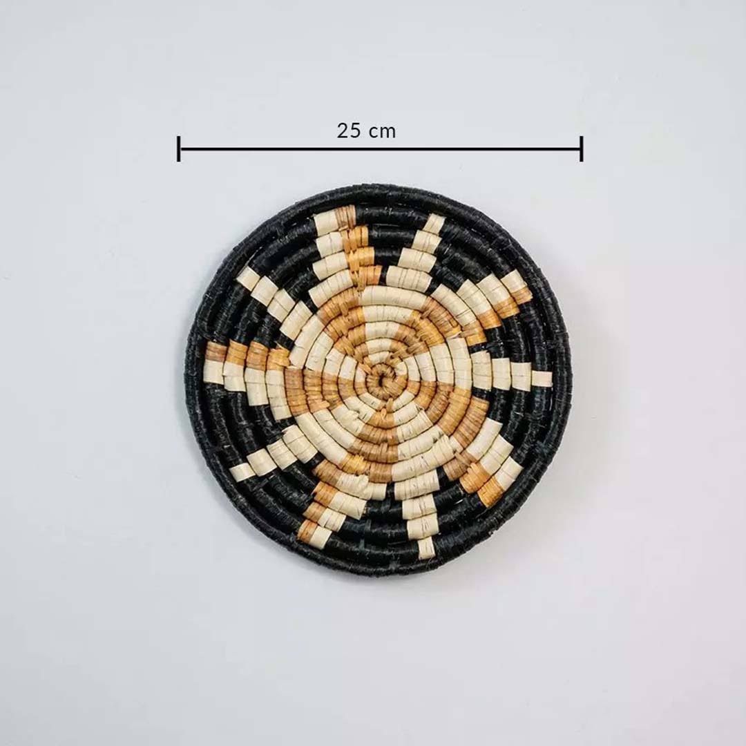 Handwoven seagrass round wall basket decor in natural beige and black with floral star pattern and size guide.