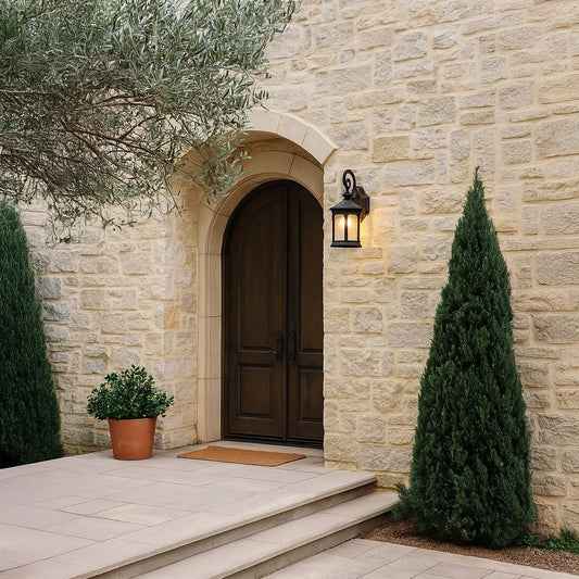 Elegant outdoor wall light illuminating a stone wall entryway with warm glow perfect for classic outdoor home decor.
