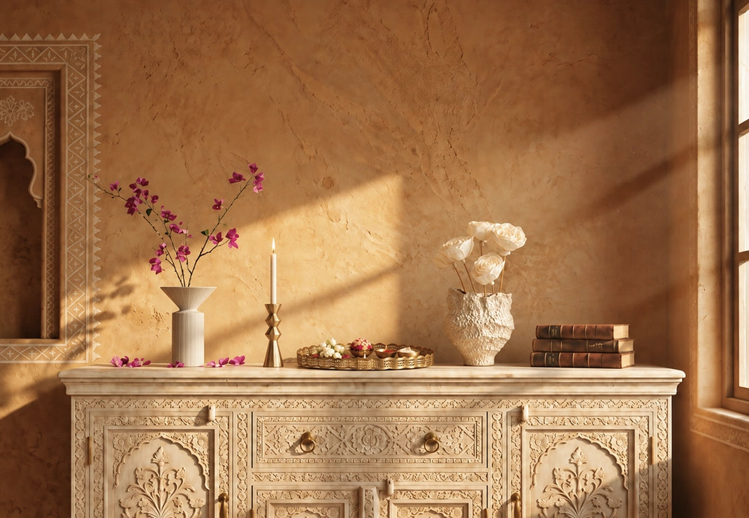 A styled interior scene with a carved cream sideboard against a warm textured beige wall, sunlight streaming in from a window, and decorative objects including pink flowers, a candle, a tray, and stacked books.