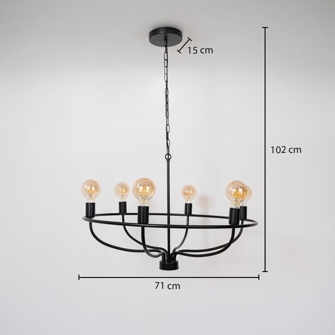 Modern black metal wagon wheel chandelier with Edison bulbs showing 102cm total height 71cm diameter 15cm canopy on white.