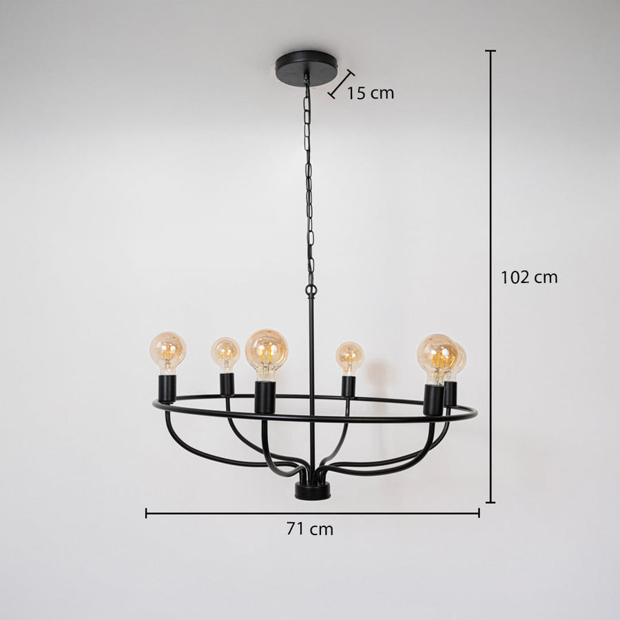 Modern black metal wagon wheel chandelier with Edison bulbs showing 102cm total height 71cm diameter 15cm canopy on white.