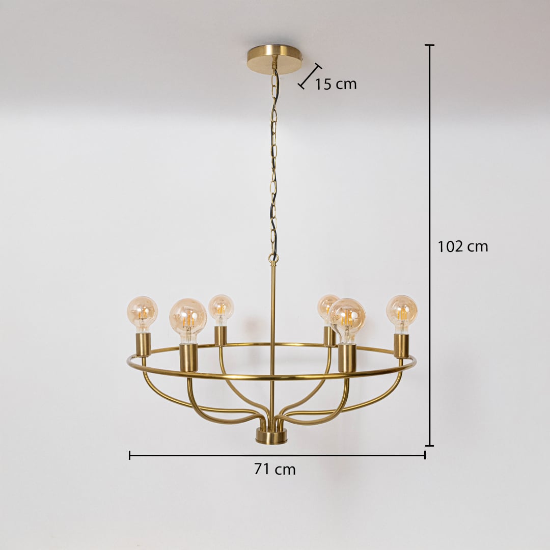 Elegant brass gold wagon wheel chandelier with Edison bulbs showing 102cm total height 71cm diameter 15cm canopy on white.