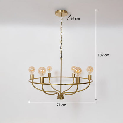 Elegant brass gold wagon wheel chandelier with Edison bulbs showing 102cm total height 71cm diameter 15cm canopy on white.