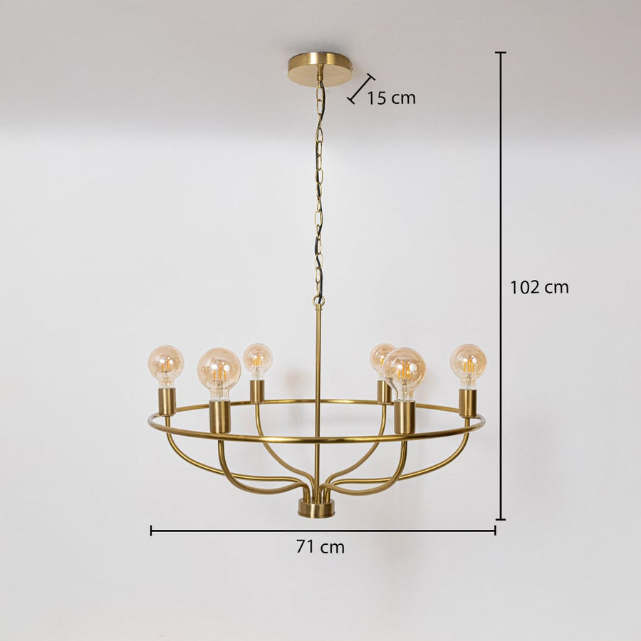 Elegant brass gold wagon wheel chandelier with Edison bulbs showing 102cm total height 71cm diameter 15cm canopy on white.
