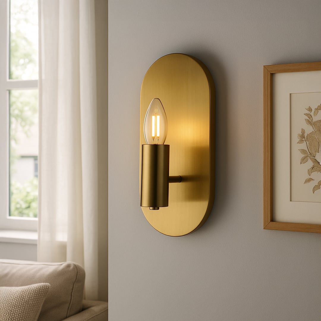 Gold wall sconce styled beside artwork casting warm glow adding elegance and sophistication to modern interiors.