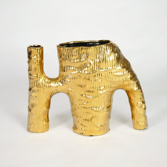 Gold textured ceramic vase for luxury console table placement and modern living room decor styling statement accent piece.