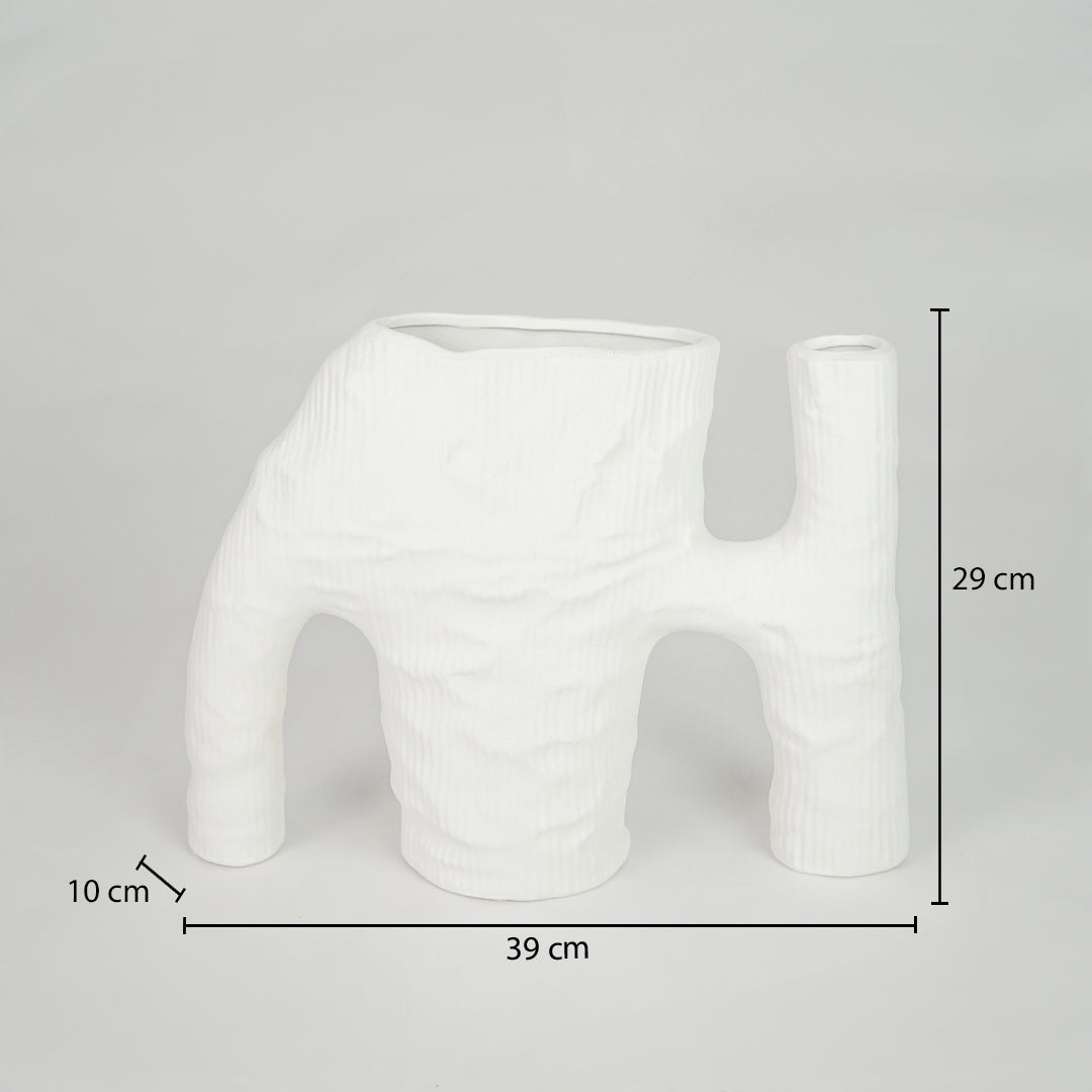 Modern white ceramic abstract vase with 38cm width for stylish shelf and contemporary decor styling.