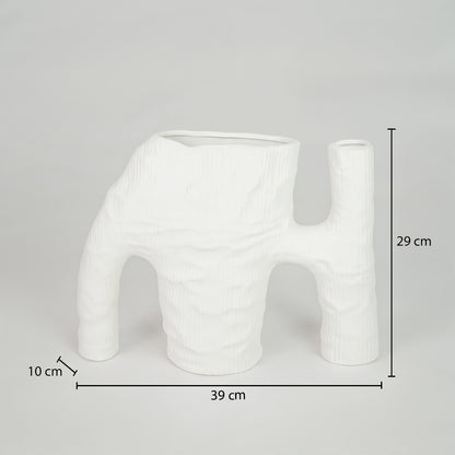 Modern white ceramic abstract vase with 38cm width for stylish shelf and contemporary decor styling.