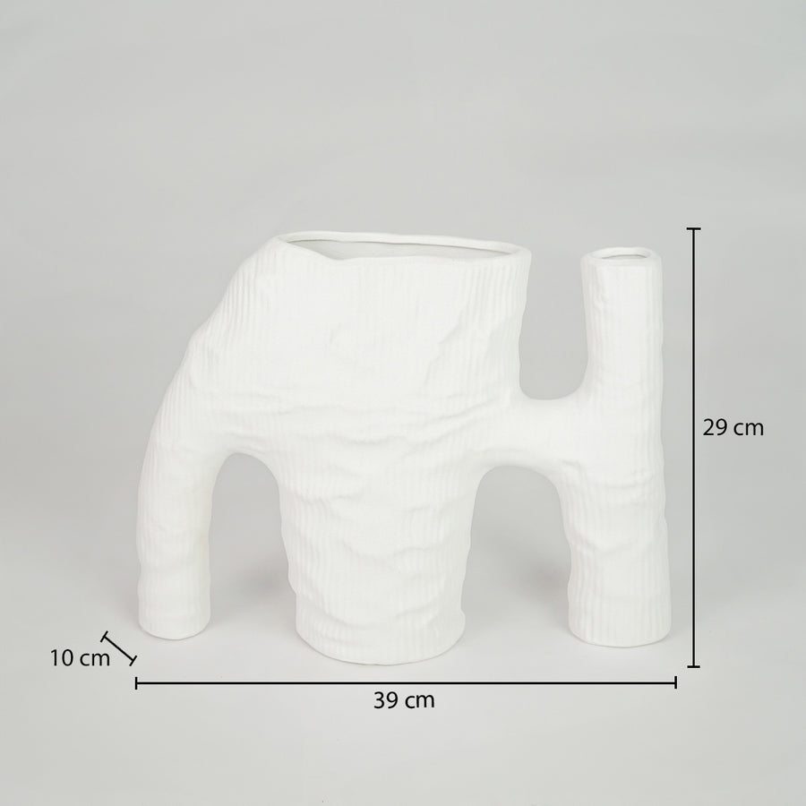 Modern white ceramic abstract vase with 38cm width for stylish shelf and contemporary decor styling.