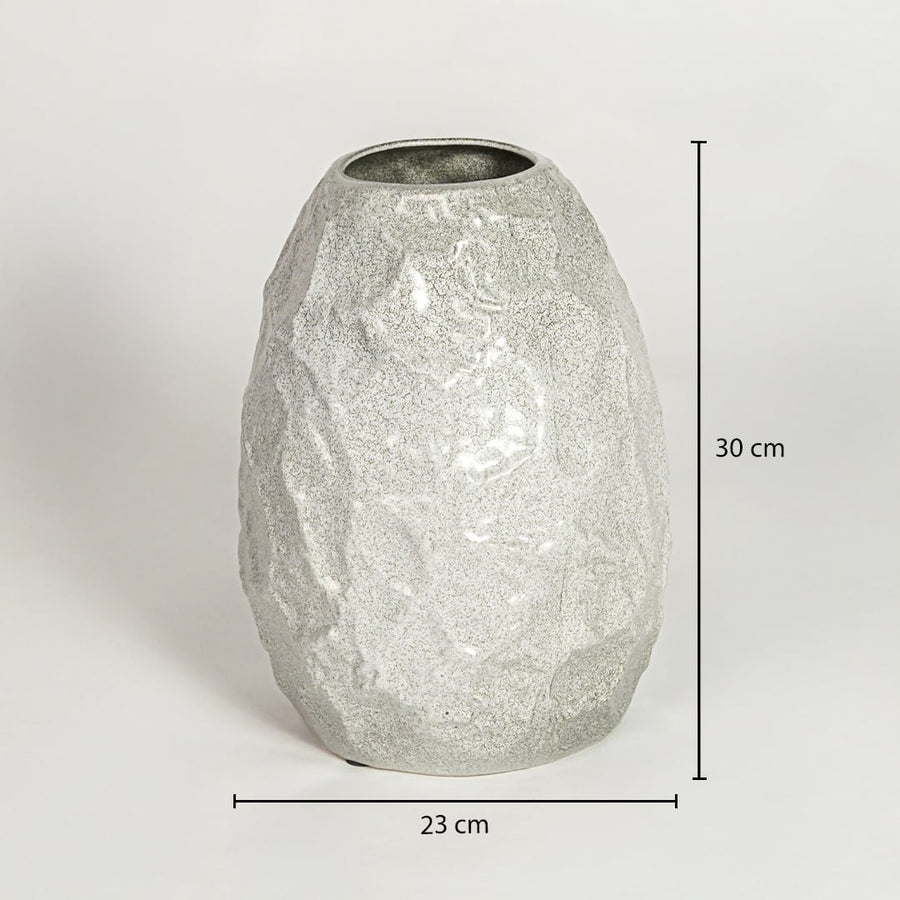 White textured ceramic vase dimension image showing 30 cm height and 23 cm width decorative ceramic accent for table styling.