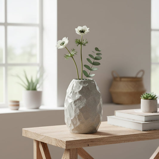 White textured ceramic vase styled on living room console modern decorative ceramic accent for shelf table or corner styling home.