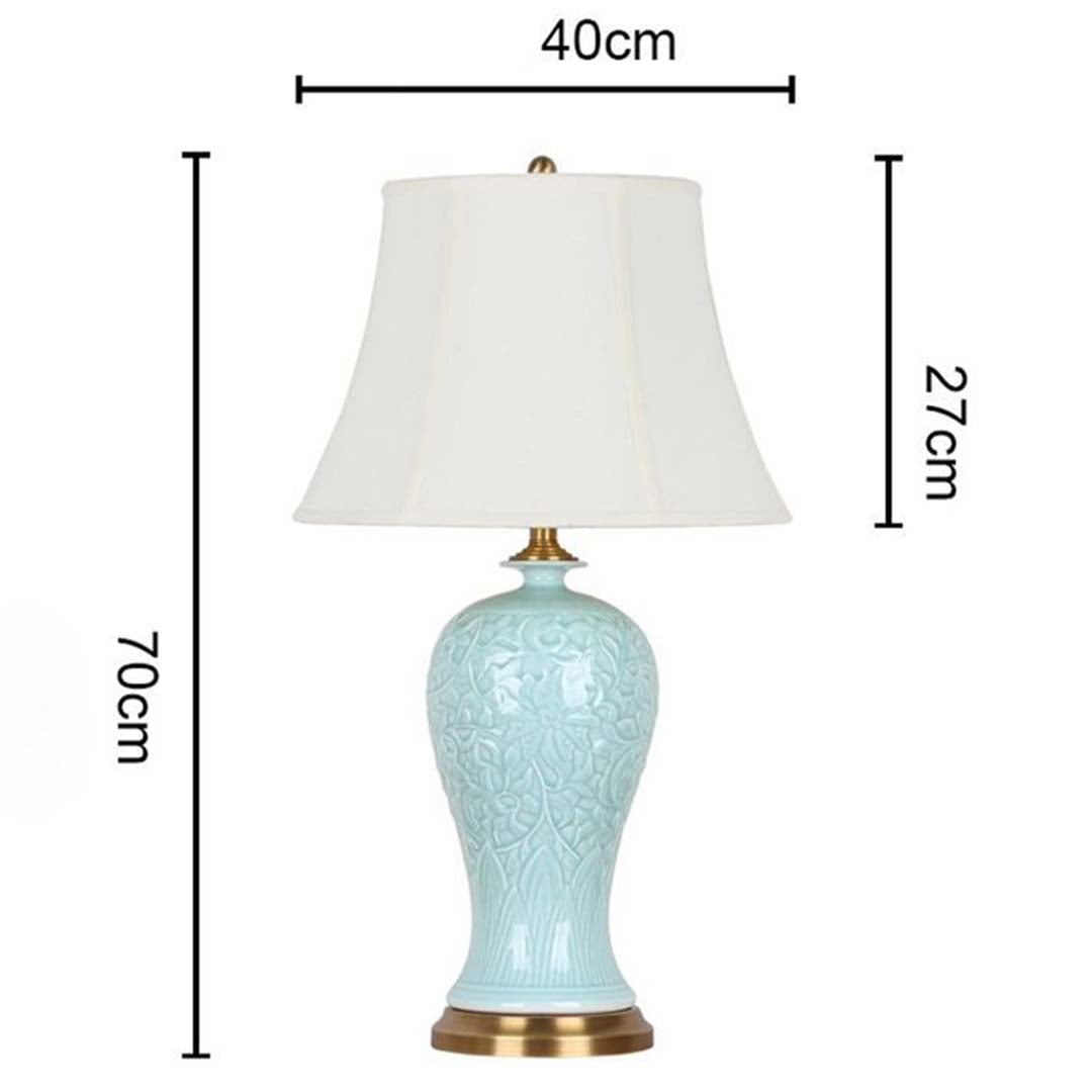 Pastel blue ceramic table lamp 70 cm tall and 40 cm wide featuring gold base and white shade ideal for premium home lighting decor.