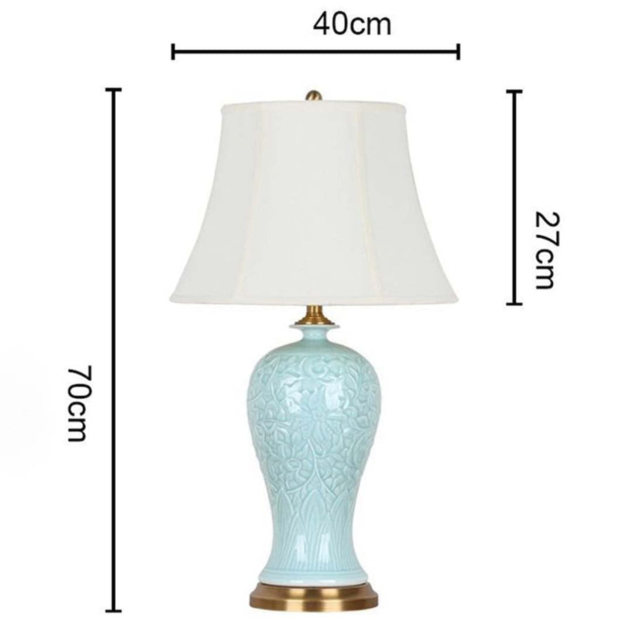 Pastel blue ceramic table lamp 70 cm tall and 40 cm wide featuring gold base and white shade ideal for premium home lighting decor.