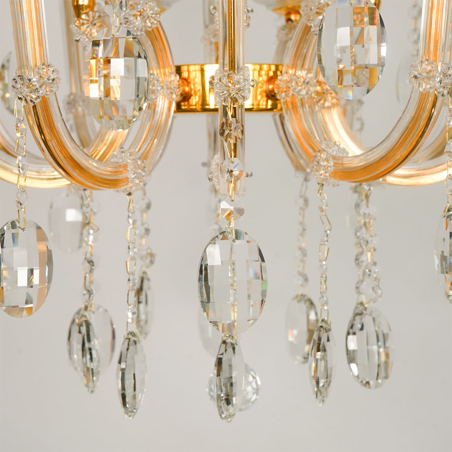 Closeup image of elegant clear crystal chandelier for modern dining room decor styling with beautiful crystal detailings.