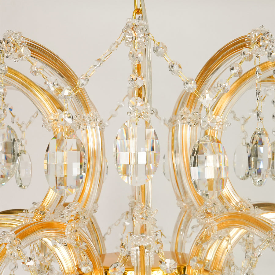 Closeup image of elegant clear crystal chandelier for luxury living room decor styling with beautiful crystal detailings.