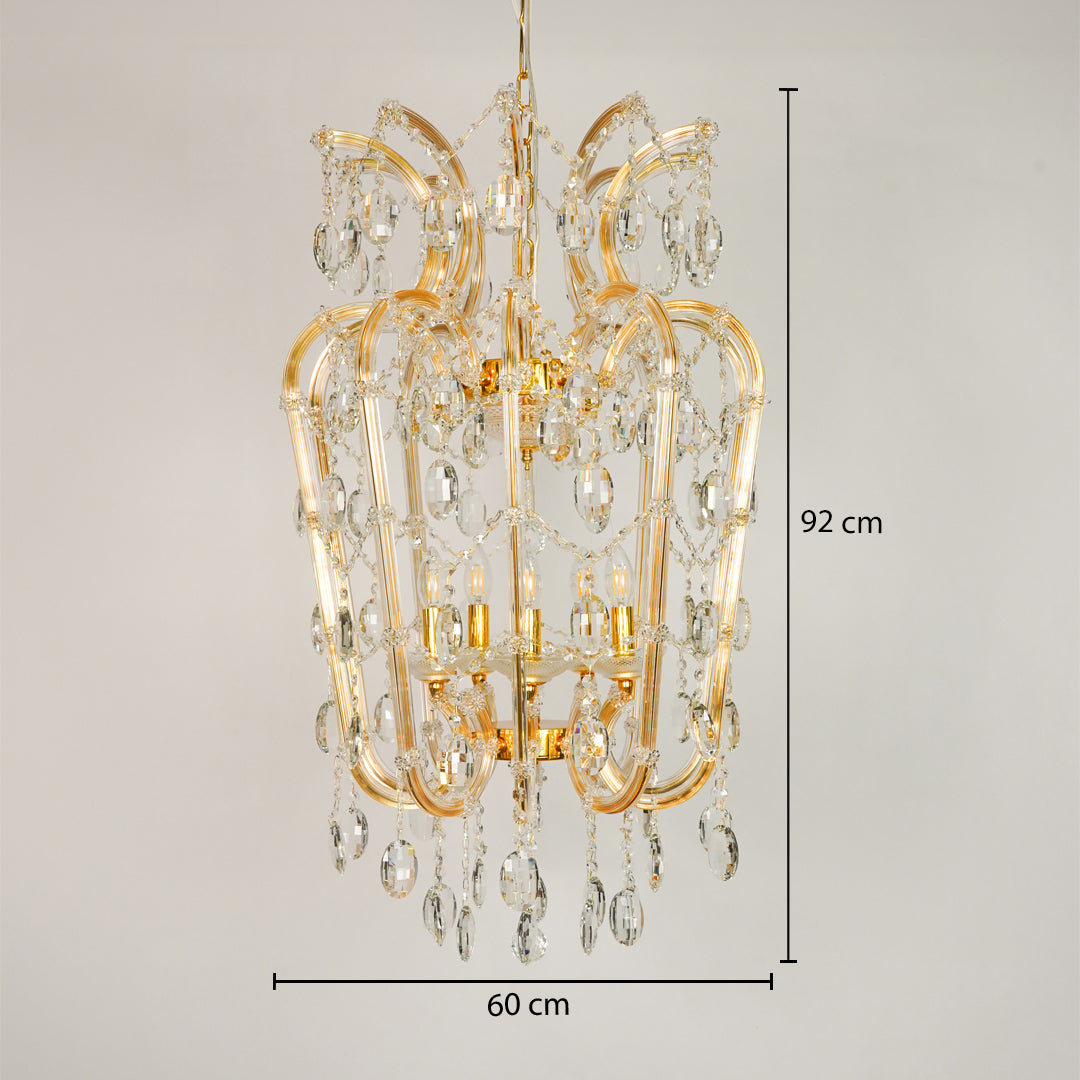 Dimension image of elegant clear crystal chandelier for modern dining room decor styling with precise size measurements.