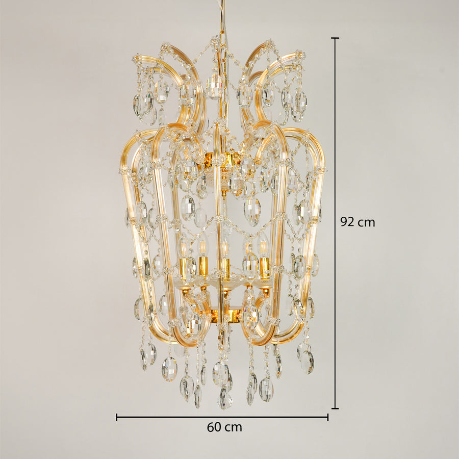 Dimension image of elegant clear crystal chandelier for modern dining room decor styling with precise size measurements.