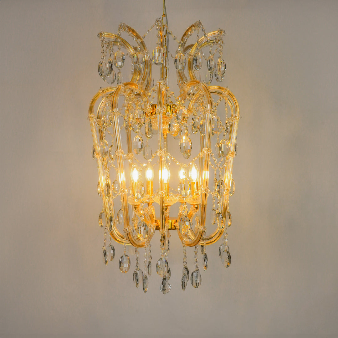 White background image of elegant clear crystal chandelier for modern living room decor styling with bright warm lighting.