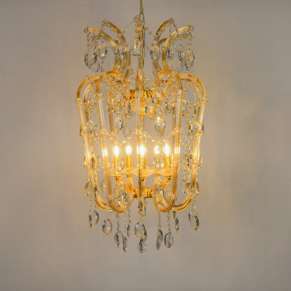 White background image of elegant clear crystal chandelier for modern living room decor styling with bright warm lighting.
