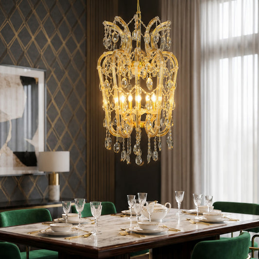 Lifestyle image of elegant clear crystal chandelier for luxury living room decor styling with beautiful crystal detailing.