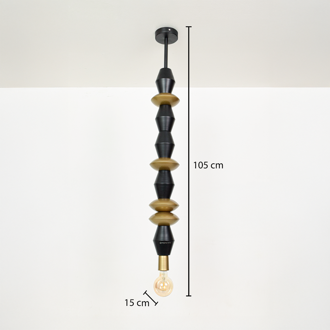 Black and gold geometric pendant light dimension image with 15 cm width and 105 cm height for modern stairway placement.