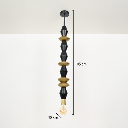 Black and gold geometric pendant light dimension image with 15 cm width and 105 cm height for modern stairway placement.