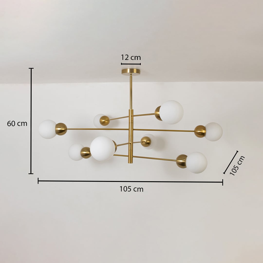 Table lamp inspired chandelier with measurements showing 105 cm width 105 cm depth 60 cm height and 12 cm ceiling plate for accurate space planning.