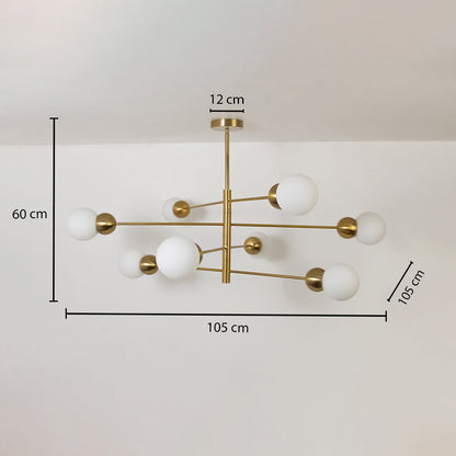 Table lamp inspired chandelier with measurements showing 105 cm width 105 cm depth 60 cm height and 12 cm ceiling plate for accurate space planning.