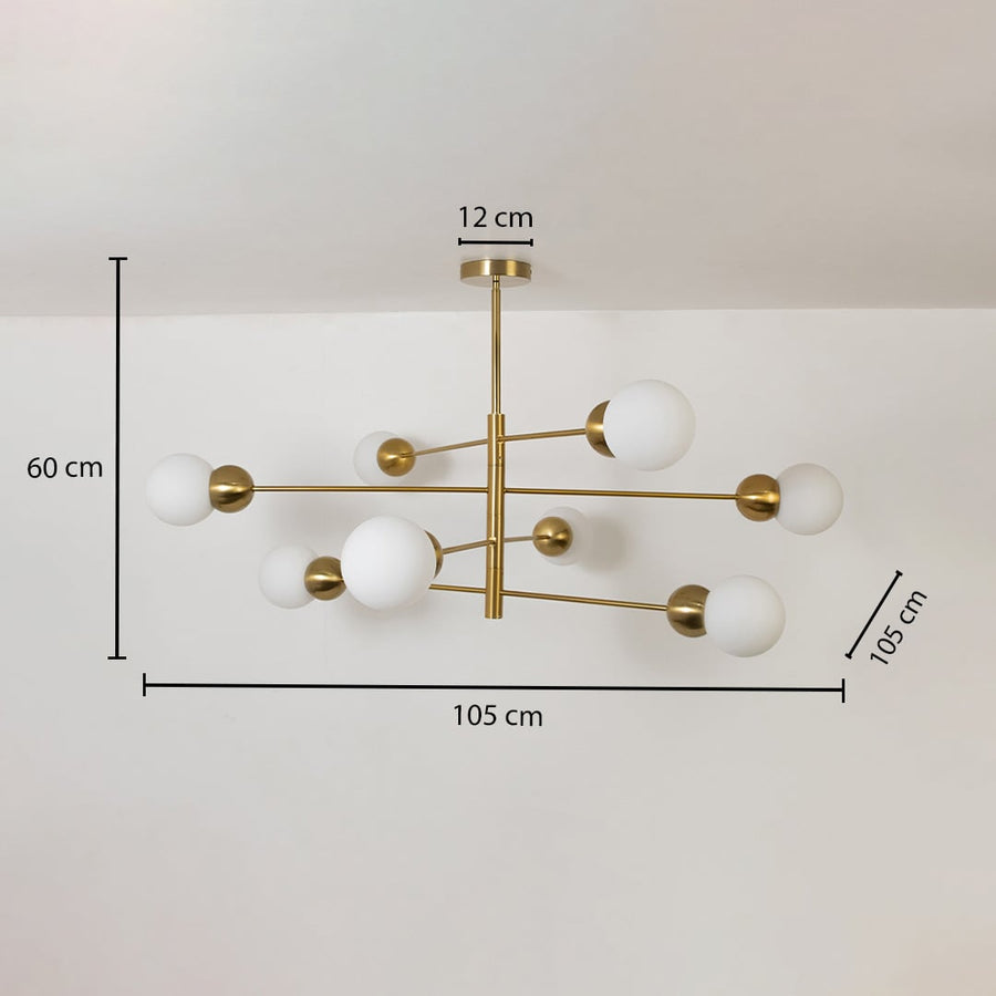 Table lamp inspired chandelier with measurements showing 105 cm width 105 cm depth 60 cm height and 12 cm ceiling plate for accurate space planning.