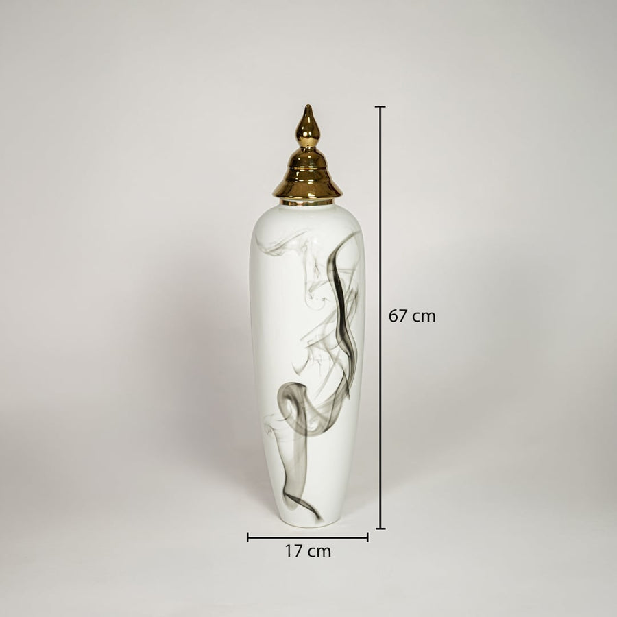 White ceramic tall decorative vase showing 17 cm width and 67 cm height ideal for living room floor decor display.
