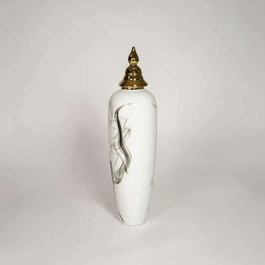 White ceramic tall decorative vase with artistic black swirl design and gold lid ideal for living room corner decor.