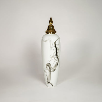 Modern white ceramic decorative floor vase with black marble swirl pattern and gold lid for luxury living room decor.