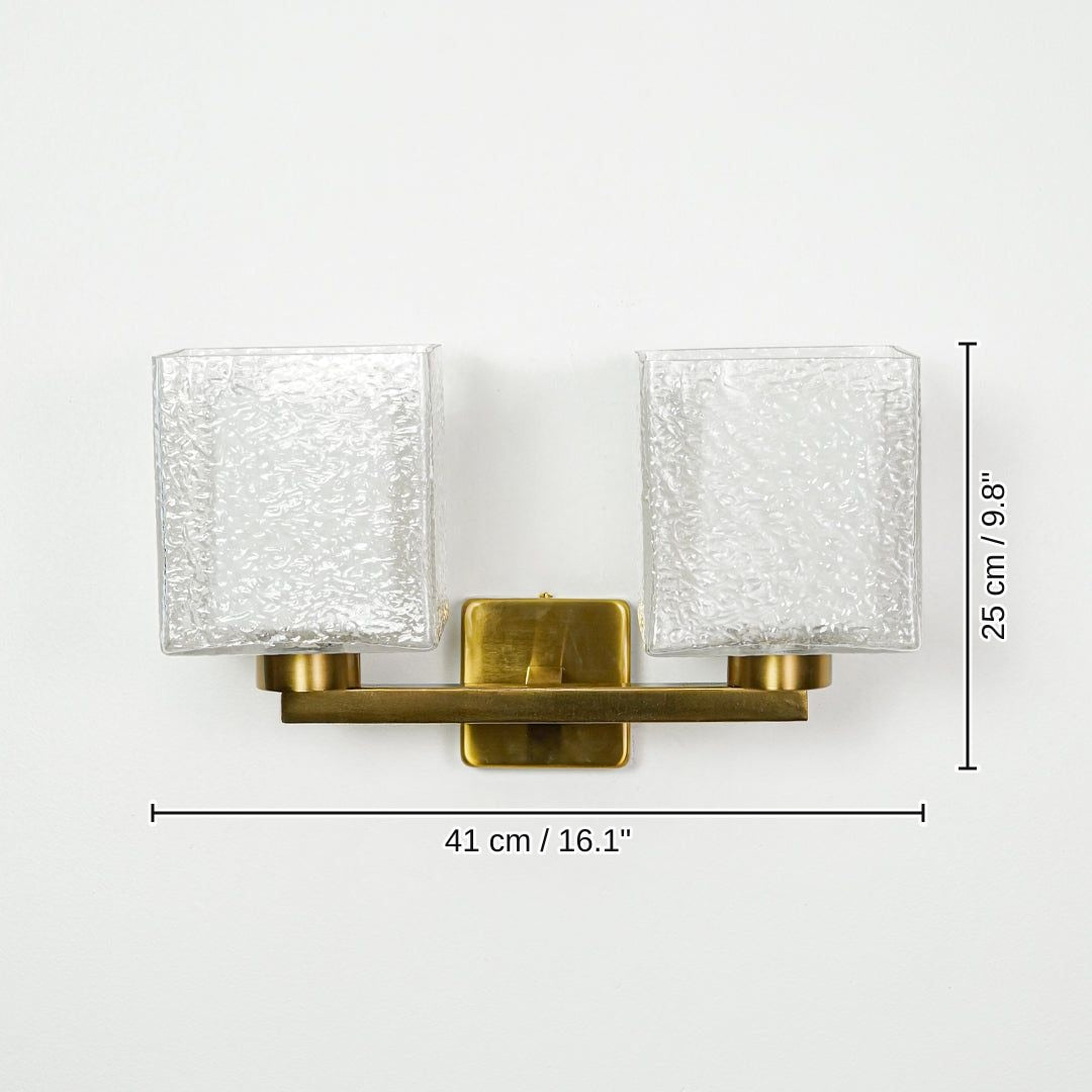 Contemporary gold wall light with ribbed glass shades, 25 x 41 x 20 cm (9.8 x 16.1 x 7.9 inches) dimensions