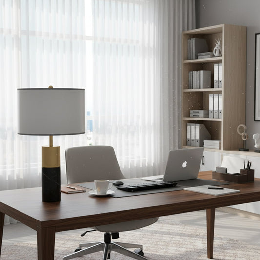 Black gold lamp on office desk with light off and bright curtain background for sleek workspace décor.