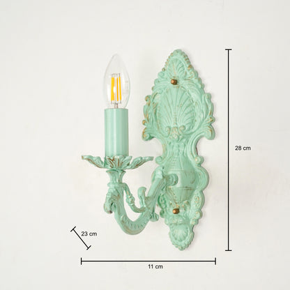 Dimension image of aluminium era small light wall sconce with floral white shade for elegant living room decor styling.