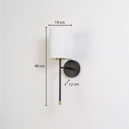 Modern white fabric cylinder wall sconce with black metal arm showing 40cm height 19cm shade width 12cm depth specifications.